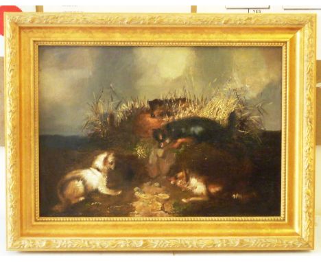 In the style of George Armfield (1808-1893), a gilt framed and glazed (later) Oil on Canvas study "Hunting Scene With Terrier