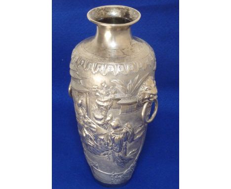 A fine late 19th/early 20th Century Chinese baluster shaped silver Vase by Wang Hing, the waisted neck leads down to a key fr