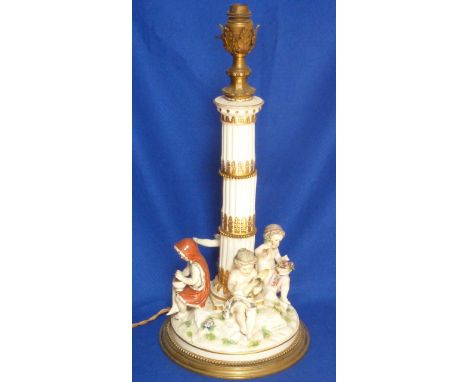 A large and fine 19th Century Continental porcelain Lamp Base, the sectional column fluted and with gilt highlights and gilt 