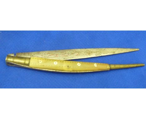 An interesting 19th Century Folk Art style horn handled Knife, the folding blade engraved with script to one side and stylise