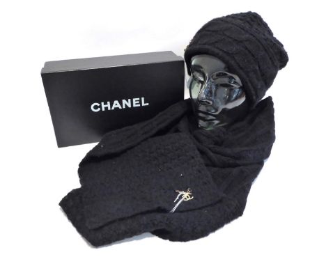 Chanel Black Knitted Scarf and matching Chanel Beanie Hat, 30% wool, 70% acrylic, with associated box