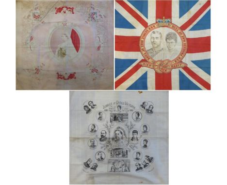 Queen Victoria Printed Souvenir Handkerchief and Scarves, including Jubilee of Queen Victoria 1887, printed in black on white