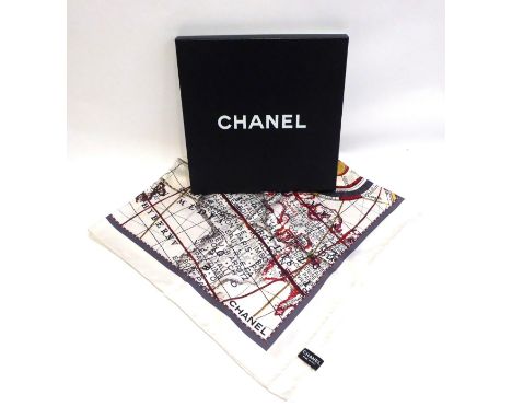 Chanel Silk Scarf, with multicoloured map, astronomy and compass design, 85cm by 85cm, with original box 