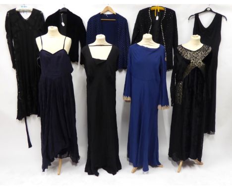 Circa 1930s and Later Evening Wear, including four full length black evening dresses in velvet, lace and crepe; blue crepe ev