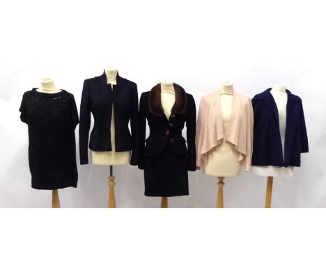 A Michelle Moissac Paris Black Boucle Two Piece, comprising fitted jacket with brown mink collar and skirt; a Brioni navy woo