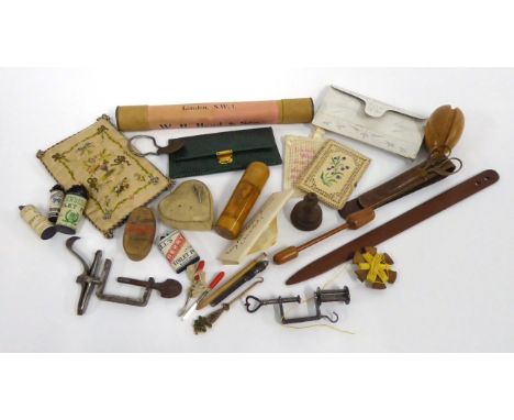 Assorted 19th Century and Later Sewing Accessories, including a Walter Jones needle case, card needle cases, steel table clam