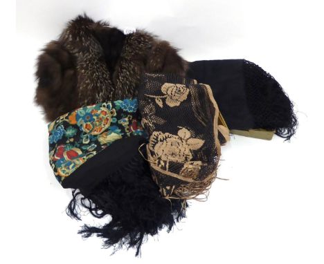 Black Silk Shawl, with tassel fringing, 120cm square; Black and Bronzed Floral Scarf, of triangular shape, 100cm by 190cm; Fl