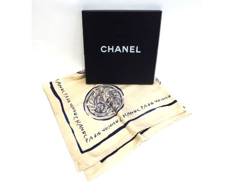 Chanel Ivory and Blue Silk Scarf, printed with rose and lion crests, 85cm by 85cm, with original box