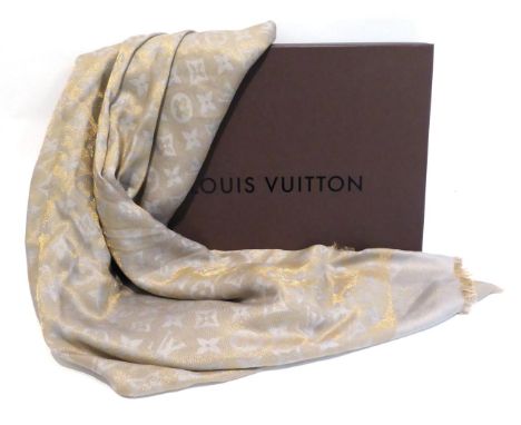 Louis Vuitton Grey/Light Blue and Metallic Thread Scarf, with fringed edges and LV pattern, 130cm by 130cm, with original box