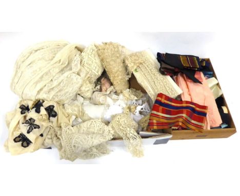 Assorted Late 19th/Early 20th Century Lace Trims, of various lengths, net skirt with floral embroidery, collars, silk scarf w