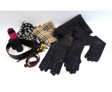 Assorted Ladies Accessories, comprising Christian Lacroix black leather waist belt with gilt metal clasp and stick fastening;