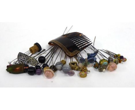 Assorted Hat and Hair Pins, including three mounted with Royal Copenhagen china animals, coloured glass examples, some with j