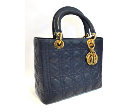 Christian Dior 'Lady Dior' Quilted Handbag, in 'Bleu De Minuit' midnight blue lambskin, with 'DIOR' dangling charm, 20cm by 1