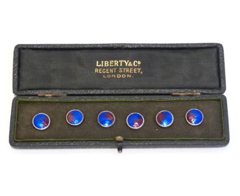 A Set of Six Enamel Buttons, cased by Liberty & Co, each planished and enamelled in tones of blue and purple, 5mm in diameter