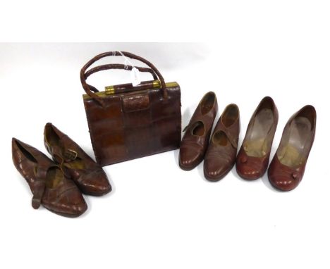Circa 1940s Accessories, including a pair of brown leather heels with tab detail, a pair of Rowell & Sons Melton Mowbray brow