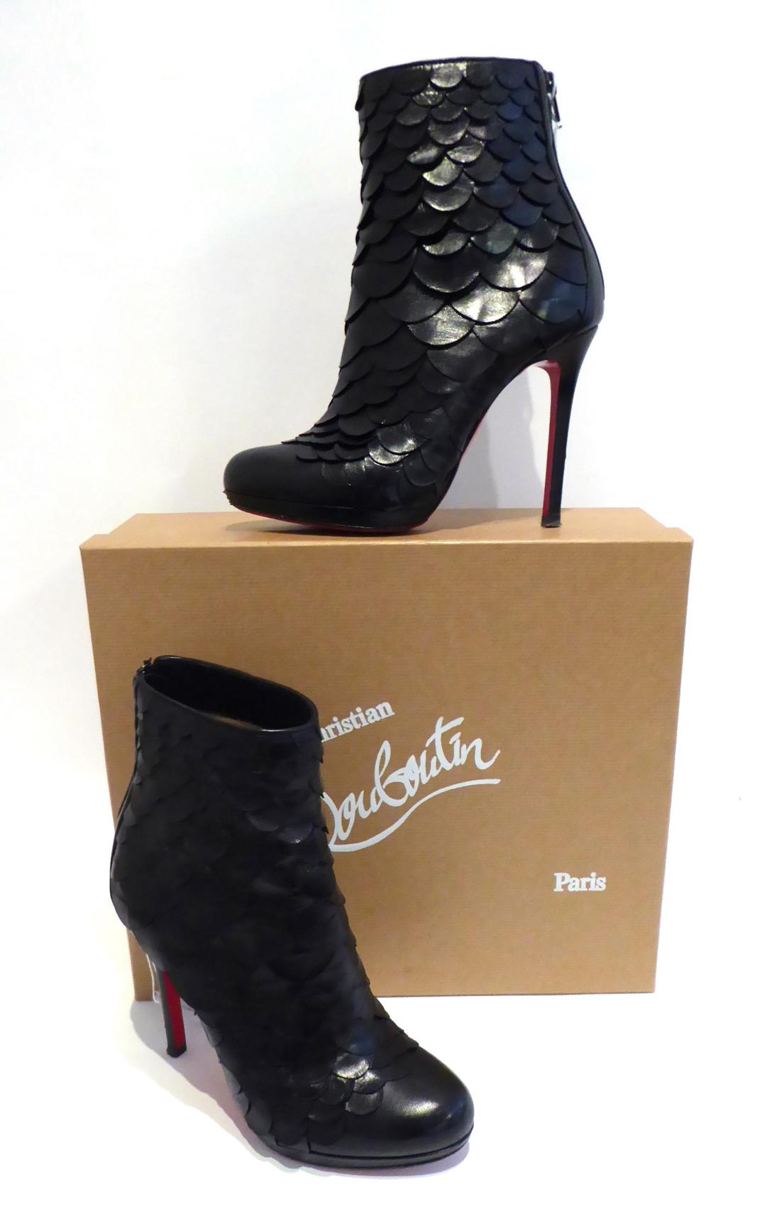 Pair of Christian Louboutin Black Leather 'Fish Scale' Textured Ankle