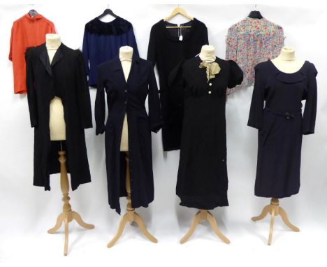 Circa 1940s and Later Wool and Crepe Dresses and Separates, including a Henley Frocks navy dress, with scoop neck, faux wrap 