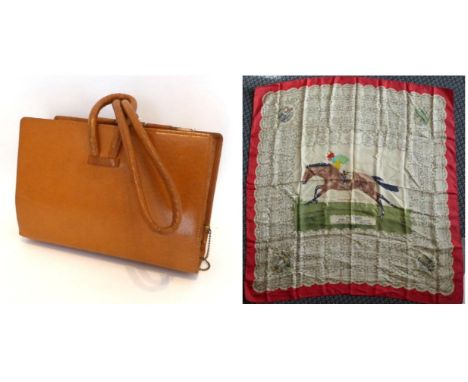 A Swaine-Brigg London Racing Handbag, in pig skin, enclosing a compact, small purse, leather bound betting slips with pencil,