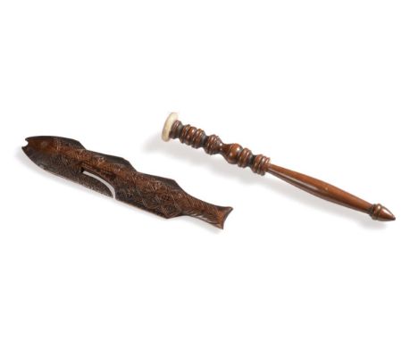 19th Century Elm Knitting Stick, with multi turned handle and bone mount, 26cm, 16.5cm; A Primitive Style Carved Oak Knitting