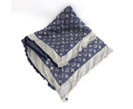 Louis Vuitton Blue Silk and Wool Monogram Fringed Scarf, 140cm by 140cm 