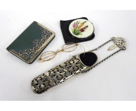 Silver Mounted Stratton Compact, with enamel cover decorated with gladioli's; Silver Mounted Green Leather Purse, with blue l