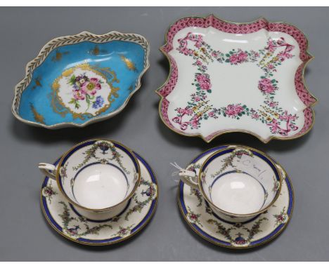 A Sampson dish, two Worcester cups and saucers and a Continental dish