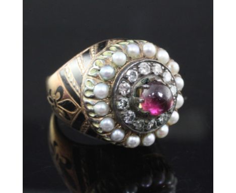 A 19th century French? gold and silver, cabochon garnet, split pearl diamond and black enamel circular dress ring, in a raise