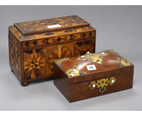 A Victorian parquetry tea caddy and a Victorian walnut casket