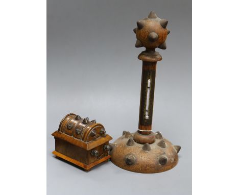 A Gothic walnut box and a Gothic oak thermometer