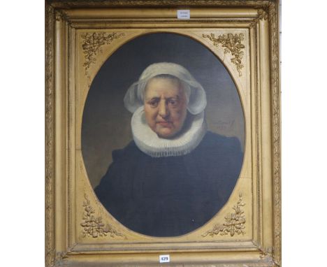 After Rembrandt, oil on canvas, Portrait of a lady with a ruff, oval 66 x 52cm