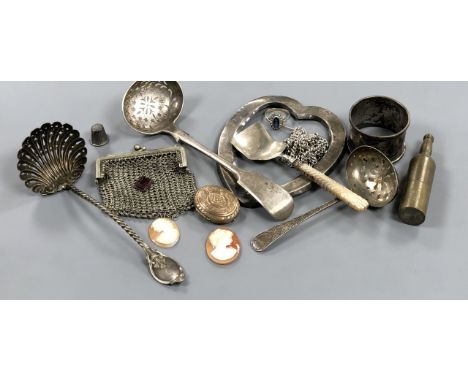Mixed items including a 19ct century silver caddy spoon by George Unite, two silver sifter spoons and other items including c
