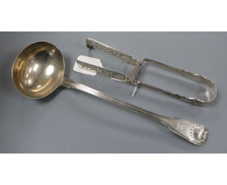 An early Victorian silver fiddle, thread and shell pattern soup ladle, William Eaton, London, 1839 and a pair of Victorian si