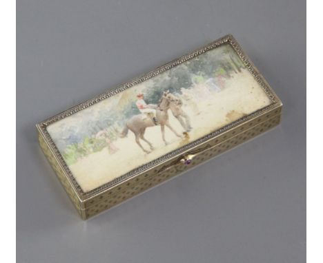 A French engine-turned silver-gilt rectangular box inset a racing scene watercolour, inscribed from Queen Alexandra to Julia 