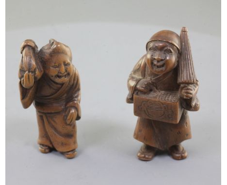 Two Japanese wood netsuke, 19th century, the first of a stooping old woman with pained expression, the second of an artist ho