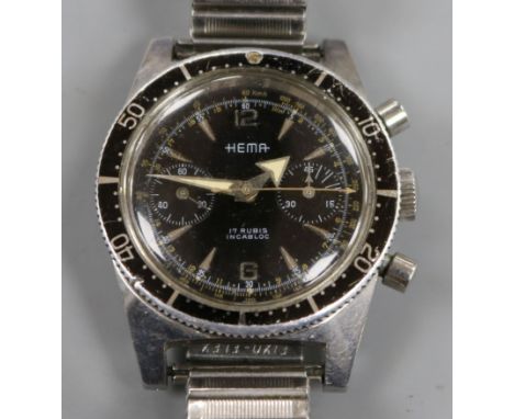 A gentleman's 1960's? stainless steel Hema diver's chronograph manual wind wrist watch, on associated bracelet.