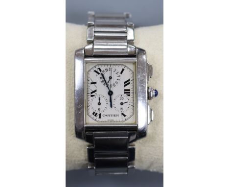 A gentleman's stainless steel Cartier Tank chronograph quartz wrist watch, with Cartier pouch, no box or paperwork.