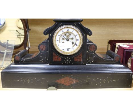 A French black slate and marble mantel clock with visible brocot escapement length 54cm