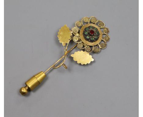 A French 18ct yellow metal enamel and paste? set flower head stick pin, overall 65mm.