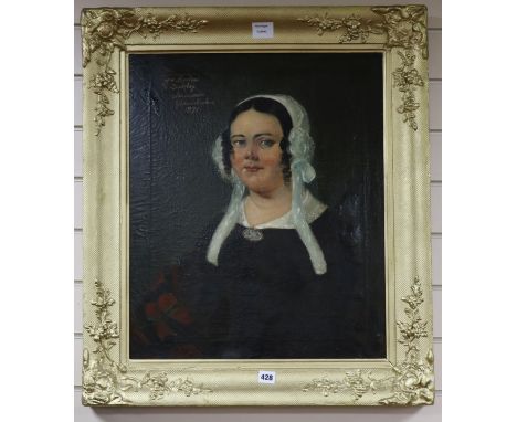 Victorian School, oil on canvas, Portrait of Mrs Beaton Sudeley of Winchcombe, Gloucestershire 1871, 59 x 48cm