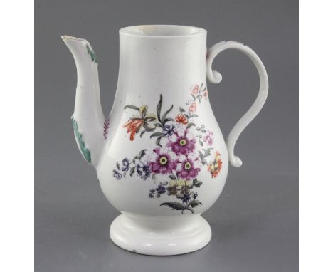 A rare Derby baluster-shaped coffee pot, c.1758, painted in 'Cotton-stem painter' style with a loose bouquet of flowers and f