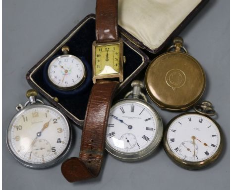 A gentleman's late 1920's Art Deco 9ct gold manual wind wrist watch and five assorted pocket or fob watches.