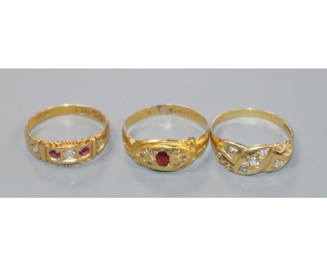 Three 18ct gold and gem set rings, including late Victorian ruby and diamond.