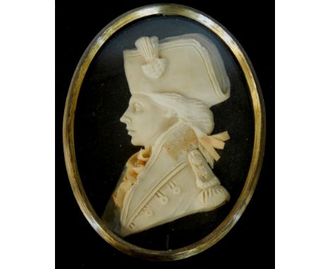 Portrait miniature. Lord Nelson and Lady Hamilton, carved wax, 10cm x 7cm, (2)