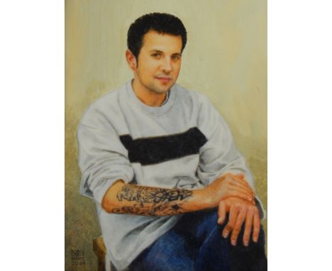 Michael Bartlett (1922-2008).  Young man seated and wearing jeans and white sweatshirt, portrait miniature, monogrammed and d