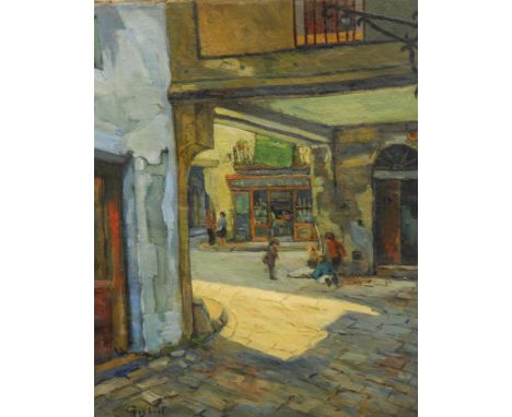 Gisbert (20thC).  Street scene, children playing, oil on canvas, signed, 65m x 50.5cm