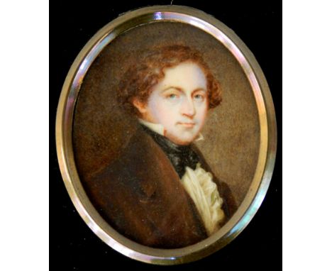 Portrait miniature.  Head and shoulders of a gentleman wearing a brown jacket, 7.5cm x 6.5cm.