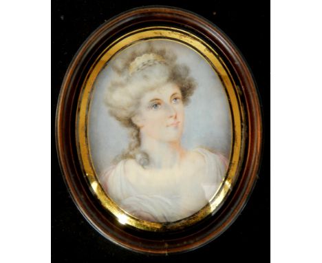 Portrait miniature.  Titled verso, Lady Peploe - head and shoulders, wearing a white dress and long grey hair, 8cm x 6.5cm.