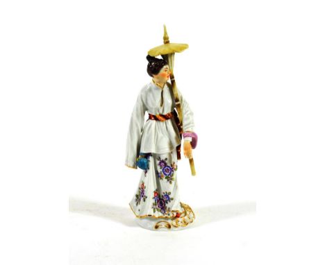 A Meissen Porcelain Figure of a Chinese Lady, 20th century, standing wearing flowing robes holding a parasol, on a scroll mou
