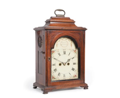 ~ A George III Mahogany Striking Table Clock, signed Thompson, Darlington, circa 1800, inverted bell top with carrying handle