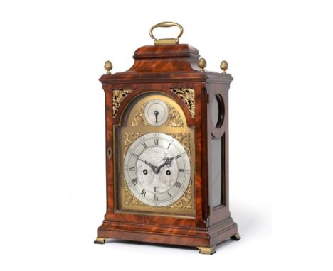 ~ A George III Mahogany Quarter Striking Table Clock, signed J Hawthorn, Newcastle, circa 1770, inverted bell top with carryi